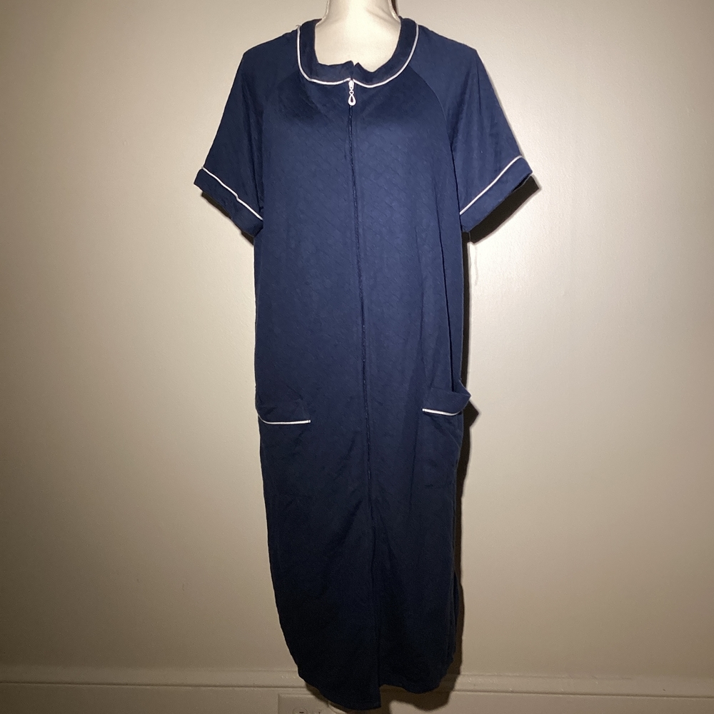 Secret Treasures Navy Short-Sleeve Zip-Front House Dress with White Trim